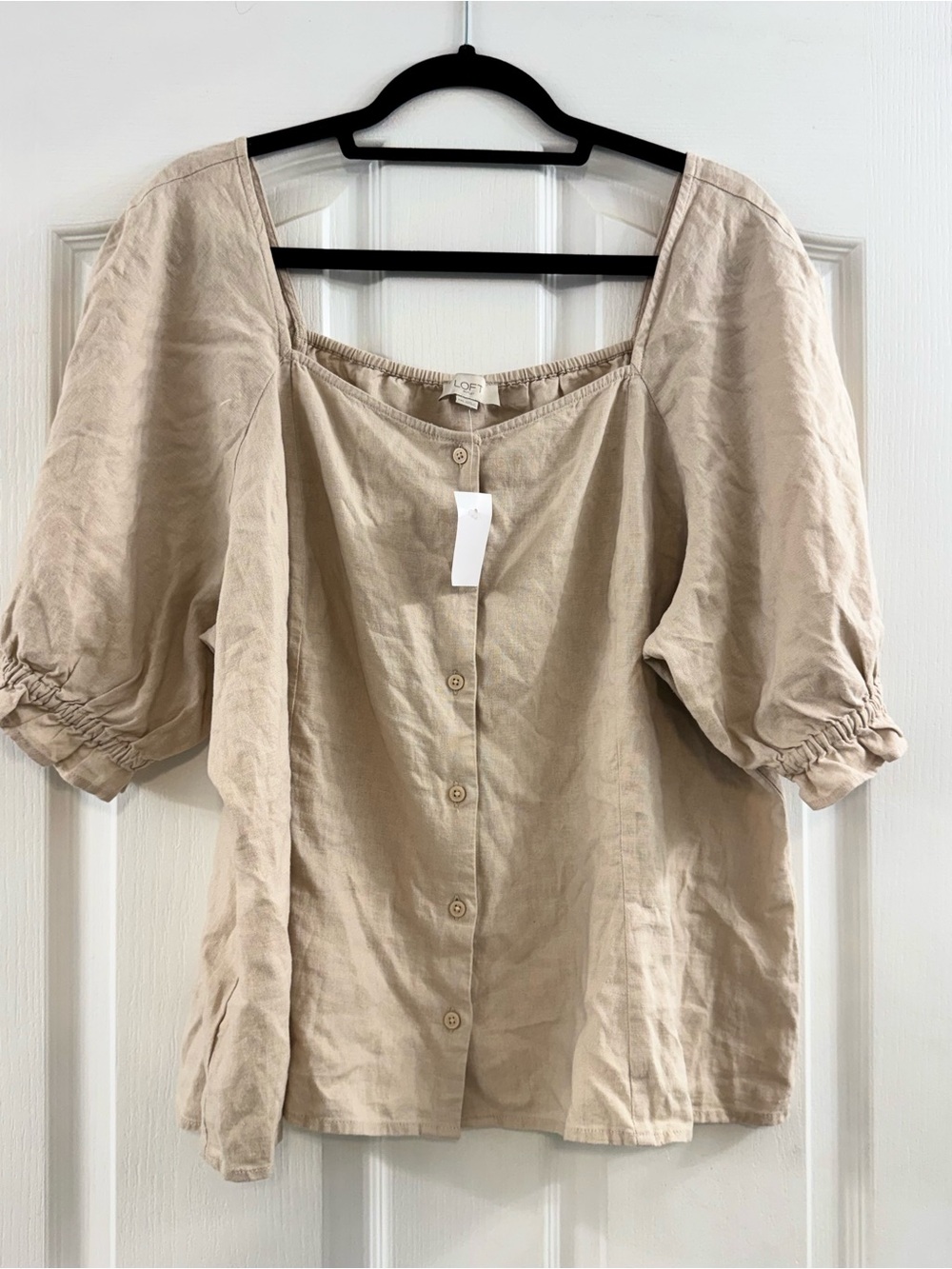 LOFT Beige Button-Front Square Neck Puff Sleeve Top